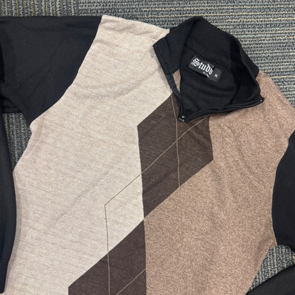 Studio By Omeoa XL Sweater Quarter Zip Argyle Black‎ Beige Brown Pullover